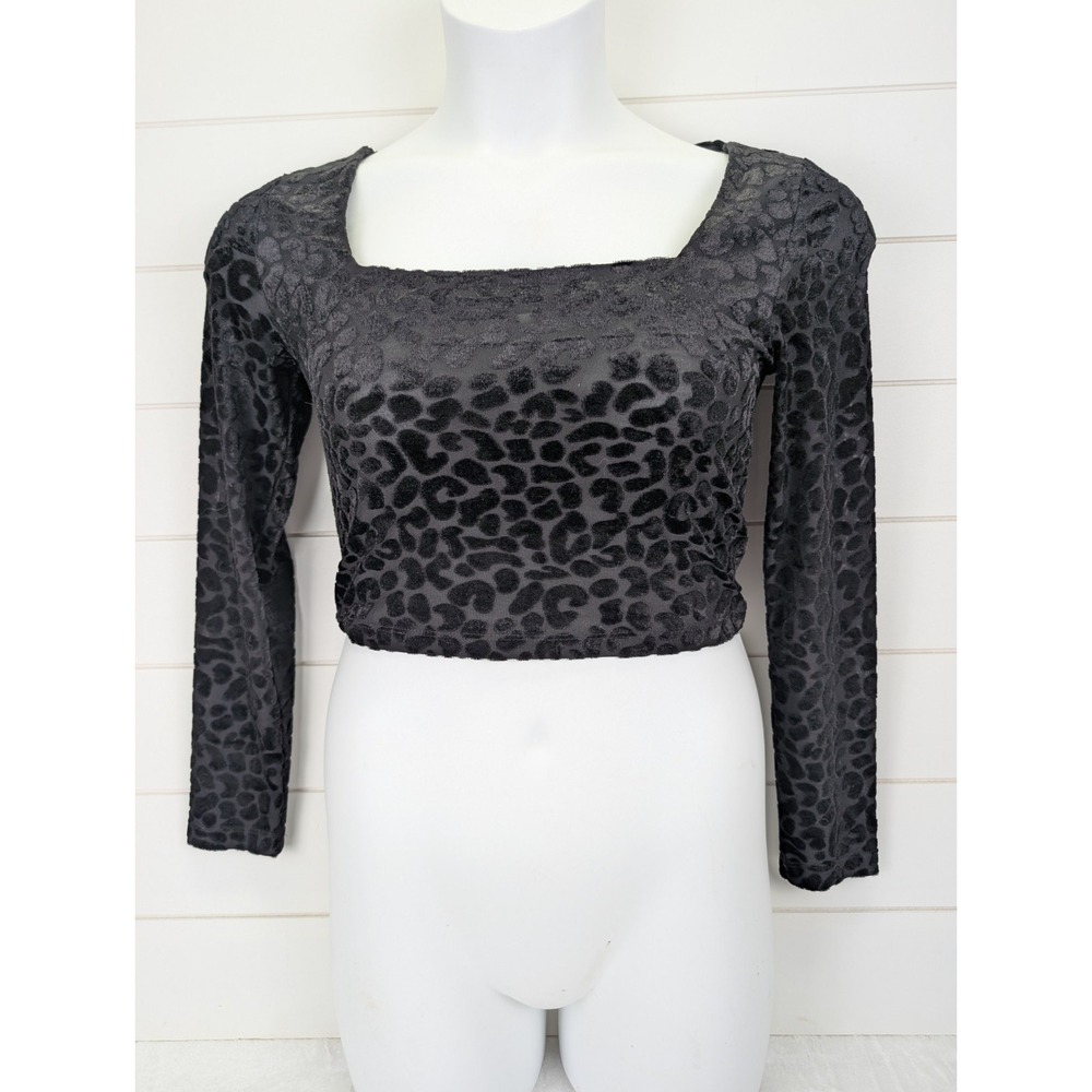 Y2K Sheer Velvet Burnout Crop Top Medium Black Leopard Biker Vamp Witchy Goth